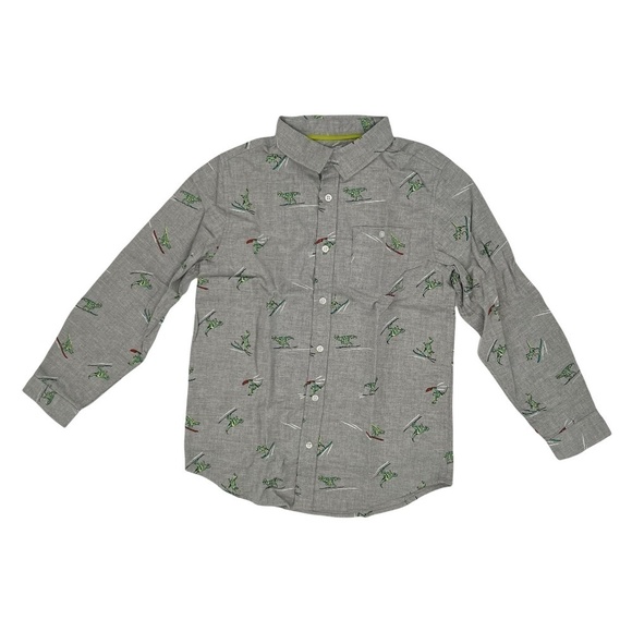 NWT Cat & Jack Gray Surfing Dinosaur Print Button Up Shirt Size L Husky Boy’s - Picture 1 of 8